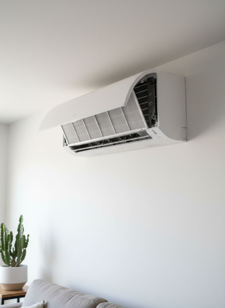 A modern split system mini-split indoor air handler mounted high on a smooth white wall in a contemporary living space, its slim, matte-white casing open slightly to reveal clean filter elements and internal components. Below, a small section of neutral-toned furniture and a simple potted desert plant are visible but tastefully blurred. Soft, diffused daylight enters from an unseen window on the left, creating gentle highlights across the unit’s curved surfaces and a faint shadow on the wall. Photographic realism with a slightly upward angle and shallow depth of field focuses attention on the mini-split, conveying quiet efficiency, comfort, and modern energy-saving technology suited for Phoenix homes.