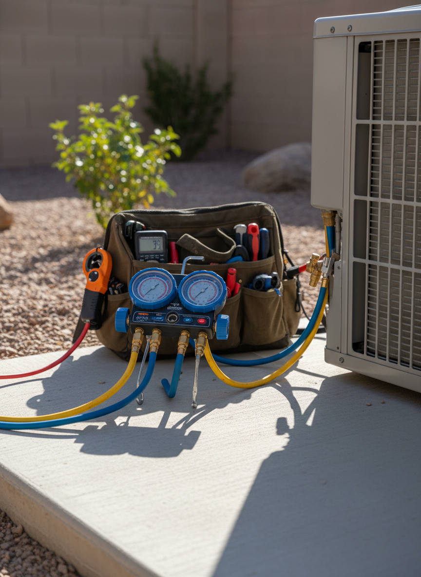 An HVAC technician’s neatly arranged service setup without the technician present: a high-end digital manifold gauge set connected to an outdoor condenser, precision thermometer clipped to the suction line, and a sturdy tool bag set slightly behind, all on a clean concrete pad. The unit’s fan is still, emphasizing a paused diagnostic moment. Bright, clear morning sun typical of Phoenix casts defined but not harsh shadows, with slight reflections glinting off the polished brass fittings and digital screens. Photographic realism from a close, three-quarter angle with shallow depth of field keeps focus on the instruments and connection points, projecting meticulous diagnostics, honest evaluation, and professional maintenance practices.