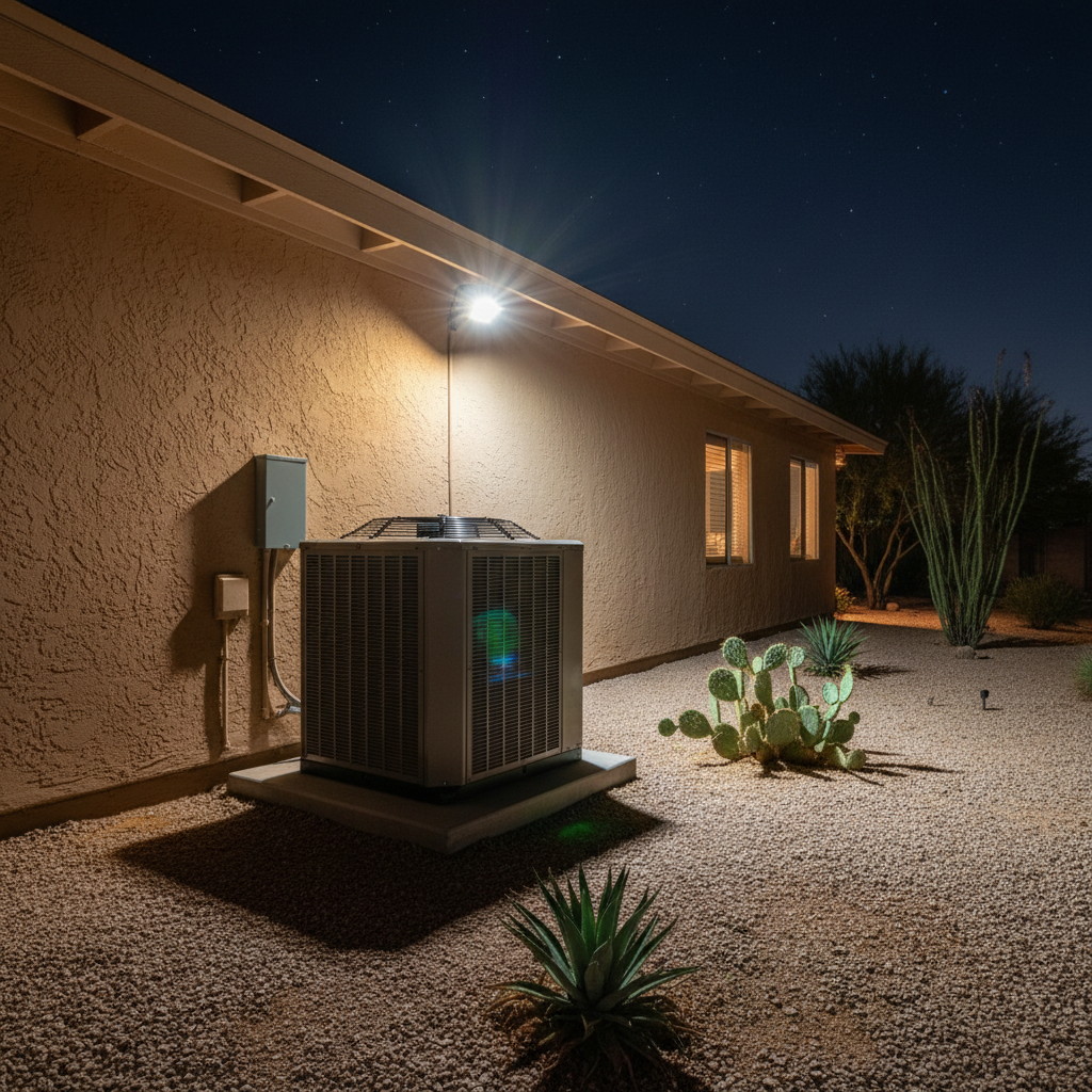 A night-time exterior scene of a single-story Phoenix home with a quietly humming outdoor HVAC condenser and a neatly mounted electrical disconnect box beside it, both partially illuminated by a warm porch light and a cool white motion-activated floodlight. The gravel yard, desert plants, and stucco walls are softly visible, with the dark, clear sky featuring faint stars overhead. The condenser’s fan grille and metal housing catch subtle highlights, while long, gentle shadows stretch across the ground. Photographic realism from a slightly low angle, medium-wide composition captures the sense of reliable, on-call emergency HVAC and electrical support, evoking security and peace of mind without any visible occupants.