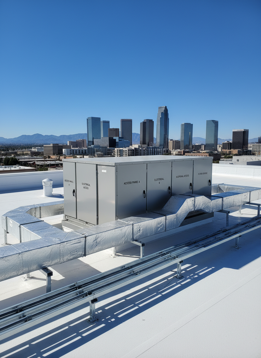 A detailed close-up of a rooftop package HVAC unit on a low commercial building, with neatly routed metal ductwork and clearly labeled access panels, set against a wide view of a bright Phoenix skyline with clear blue sky and distant mountains slightly hazy. The white reflective roof membrane is clean and orderly, with conduit runs aligned straight along cable supports. Strong, clear midday sunlight creates crisp reflections on the metal casing and well-defined shadows along the duct edges. Photographic realism from a slightly elevated angle, wide composition with sharp focus throughout, conveys a professional, commercial-grade installation for businesses requiring robust cooling solutions.