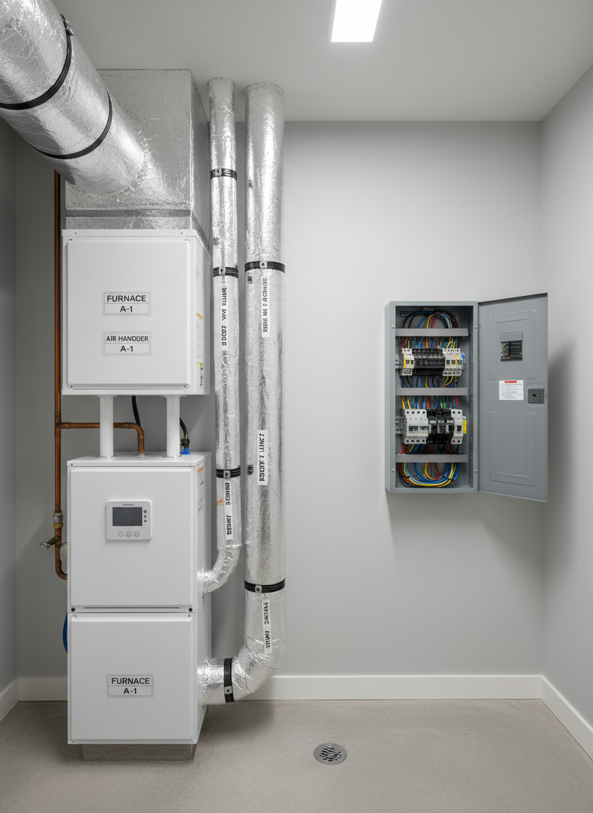 An immaculate indoor utility room featuring a modern high-efficiency gas furnace, matching air handler, and insulated ductwork, all meticulously labeled and secured, next to a neatly mounted electrical panel with updated breakers and organized wiring. The walls are painted a clean light gray, and the concrete floor is spotless with a small floor drain visible. Bright, even LED overhead lighting provides soft, shadow-free illumination that highlights the orderliness of the installation. Photographic realism from an eye-level, straight-on composition with balanced framing emphasizes safety, professionalism, and integrated HVAC and electrical services in a calm, trustworthy atmosphere.