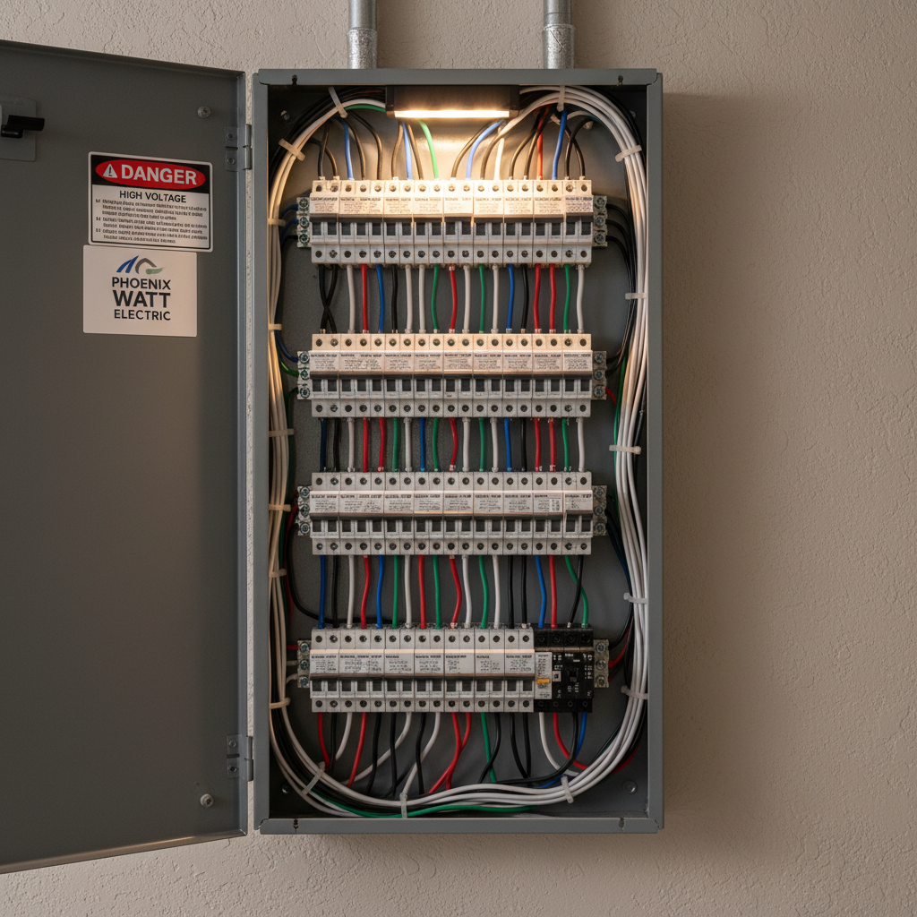 A close-up, detailed view of an open residential electrical panel in a Phoenix garage, showing a meticulously organized array of breakers, clearly printed circuit labels, and precisely bundled, color-coded wiring contrasted against a smooth gray metal enclosure. The panel is mounted on a clean, lightly textured drywall surface with a small section of the closed panel door visible to one side. Focused, warm-white LED task lighting illuminates the interior of the panel, creating soft but distinct shadows that reveal depth and structure. Photographic realism from a straight-on, tight composition emphasizes clarity, safety, and expert electrical troubleshooting and panel upgrade services in a calm, professional atmosphere.