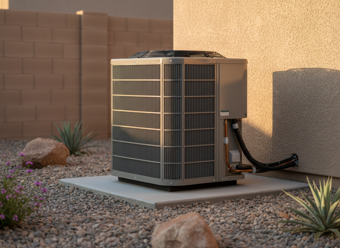A professionally installed, sleek modern air conditioning condenser unit with clean metal fins and neatly organized copper lines, positioned on a tidy concrete pad beside a stucco home characteristic of Phoenix, Arizona. Surrounding desert landscaping features small river rocks, a few drought-tolerant plants, and a tan block wall softly blurred in the background. Late afternoon desert sunlight casts warm, crisp highlights on the metal surfaces, producing defined but gentle shadows that enhance the textures. Photographic realism at eye level with a slight three-quarter angle, sharp focus on the unit with a subtle bokeh background, creates a dependable, professional atmosphere that communicates reliable residential HVAC service without any human presence.