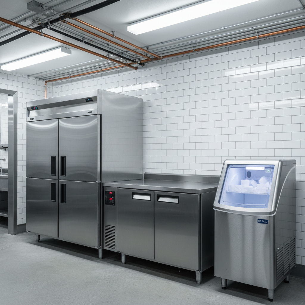 A stainless-steel commercial refrigeration line-up inside a restaurant back-of-house, featuring a double-door reach-in cooler, an undercounter fridge, and a small ice machine, all aligned perfectly against a white tiled wall with clean grout lines. Thick insulated doors, bright digital temperature displays, and neatly coiled refrigeration lines overhead emphasize technical sophistication. Cool, bright fluorescent ceiling lights create crisp, even illumination with subtle reflections on the brushed metal surfaces and minimal shadows on the polished concrete floor. Photographic realism from a slightly wide-angle, eye-level perspective with sharp focus throughout creates a professional, dependable mood that showcases expert commercial refrigeration service without any staff present.